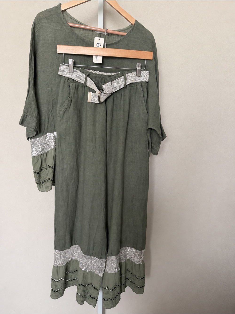 Made in Italy 100% Linen Olive Embroidered Two-Piece Pants Set